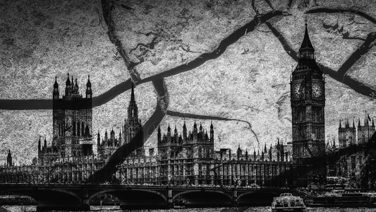 有个民主深的伦敦议会大厦和本钟以单色裂缝叠加英国脱欧主题伦敦议会大厦和本钟以深裂缝作为无序的隐喻图片