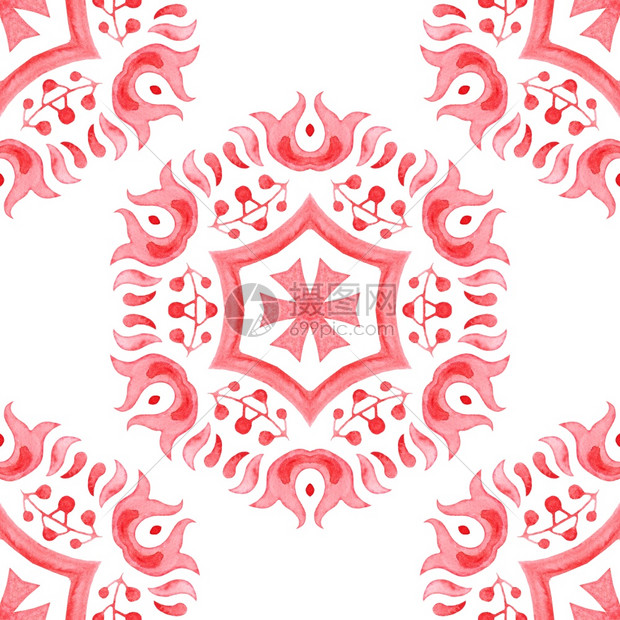 再生红装饰花圈可用作圣诞卡或背景织物和瓷砖桌餐具红色无缝装饰水彩色阿拉伯油漆瓷砖布的料图案模式以及用于纤维的插图绘画图片