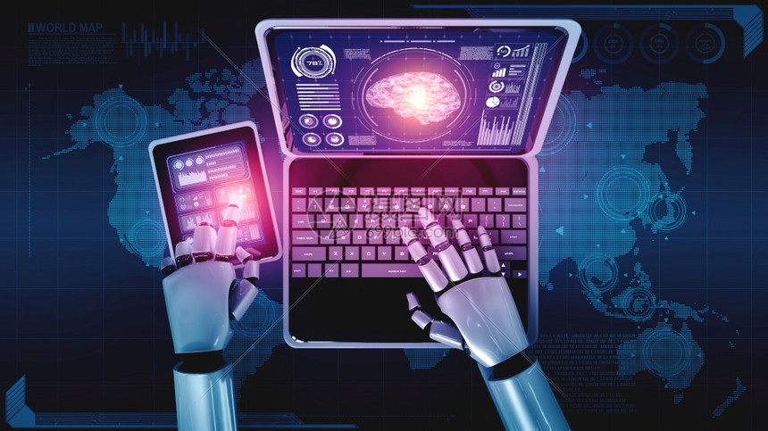机器人使用笔记本电脑在第四次工业革命的人智能和机器学习过程中坐在AI思考大脑人工智能和机器学习概念的桌面上3D说明机器人使用手提图片