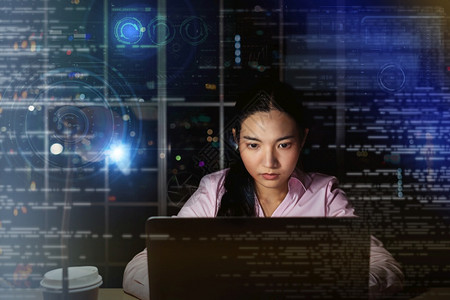 亚洲女商人在晚上办公的电脑辛苦地工作到很晚利用数字虚拟和未来的电子计算机努力运用技术来成功实现概念努力争取成功的亚洲女商人最后期图片