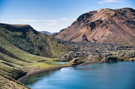 路夏季冰岛Landmannalaugar场景中的Frostastadhavatn湖溪流火山图片