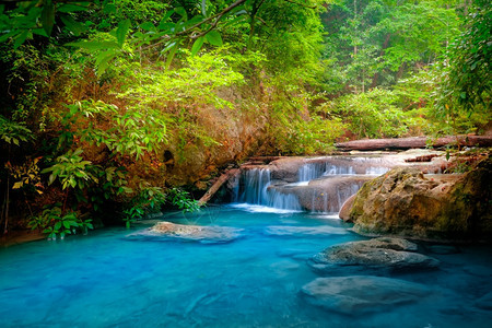 魔法天堂争吵泰公园Kanchanaburi泰国深热带雨林的Erawan级联瀑布下流的绿水图片