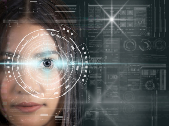 鉴别全世界亚洲妇女具有未来的远见数字技术在视觉背景上对眼睛进行透视安全以及进入监控和隐蔽概念中的指挥能力亚洲妇女成为未来展望数字图片