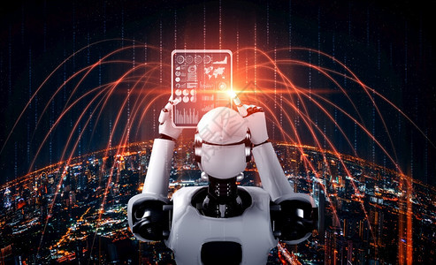 门户14行业为了机器人形使用平板电脑进行全球网络连接使用AI思维大脑人工智能和机器学习过程进行第四次工业革命3D插图机器人形使用图片