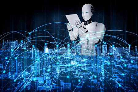 国际的人类5克机器形使用平板电脑进行全球网络连接使用AI思维大脑人工智能和机器学习过程进行第四次工业革命3D插图机器人形使用平板图片