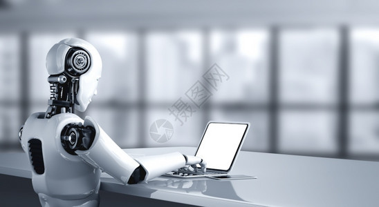 思维阿尔人类机器使用笔记本电脑坐在未来办公室的桌子上同时使用人工智能思考大脑人工智能和机器学习过程第四次工业革命3D说明机器人使图片