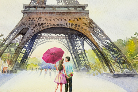 巴黎丰富多彩的旅行法国埃菲尔塔和情人男女粉红色雨伞花园树水彩画图婚礼情人节打招呼广告等法国艾菲尔塔以及爱人男女粉红雨伞花卉树图片