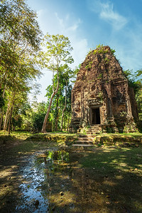 库克古老高棉人前吴哥建筑师SamborPreiKuk寺庙废墟柬埔寨旅游目的地磅同KampongThom蓝天下有巨型百叶树遗产大的图片