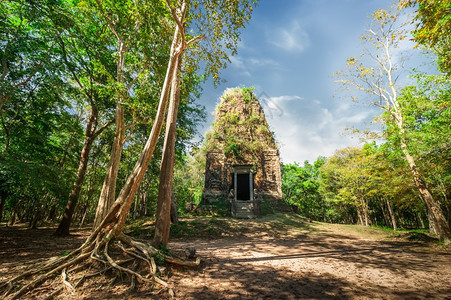 美丽的古老高棉人前吴哥建筑师SamborPreiKuk寺庙废墟柬埔寨旅游目的地磅同KampongThom蓝天下有巨型百叶树自然雨图片