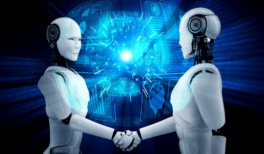未来派3D使人形机器握手通过AI思考大脑人工智能和机器学习过程来协作未技术开发为第4次工业革命提供3D使人形机器握手以合作未来技图片