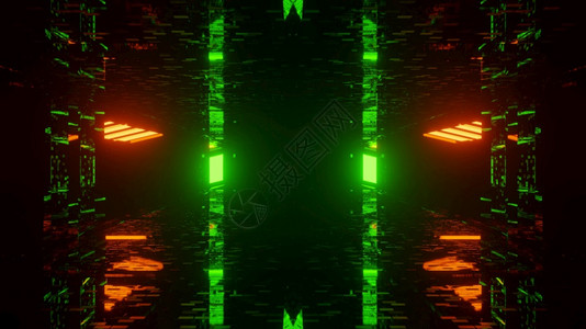 橙未来虚拟网络空间隧道NeonGreenLight4kuhd3d插图背景高强度网络空间走廊技术概念插图背景氖未来派图片