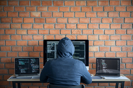 卡片危险戴头罩的黑客使用多个计算机将坏数据输入在线系统并携带来感染窃取信息IfterHebcackhacker或网络攻击概念偷开图片