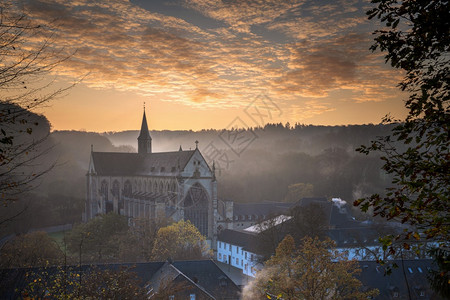 建成20年1月日德国的雾当天清晨照到阿尔滕堡大教堂全景图象Altenbergcathedral地点乡村的图片