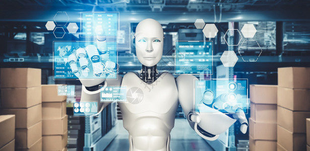 供应创新工业机器人在仓库工作以替代人智能概念用于业革命和自动化制造过程创新工业机器人在仓库工作以替代人形后勤图片