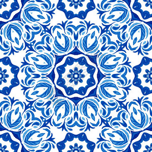 伊卡特装饰品维多利亚时代无缝装饰水彩质调达马斯克古老的无缝图案来自蓝色和白东方瓷砖Azulejo瓷砖设计风格Arabiestes图片