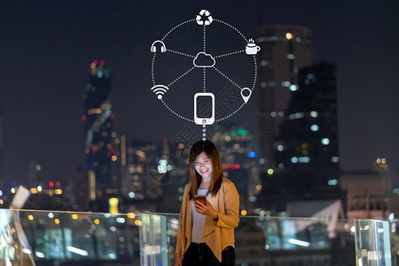 亚洲商业女使用智能手机并行动操作各种城市智能TemplesInternet的标志TechnologyovertheCitys图片