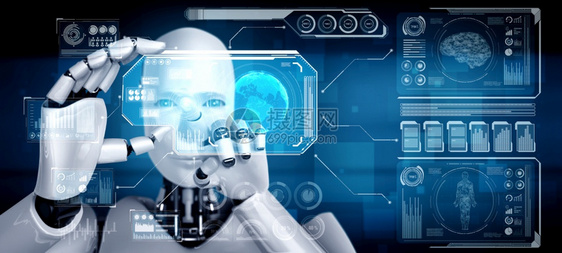 人类机器在工智能思维大脑人工智能和机器学习过程的概念中持有HUD全息图屏幕用于第四次工业革命3D插图人类机器在工智能思考大脑的概图片