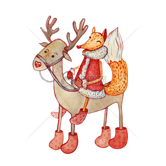 穿着毛皮大衣有感觉的靴子和手套极精巧而狡猾狐狸在圣诞驯鹿上骑着脚靴和手套画水彩色设计用于贺卡印刷品海报贴纸卡片诡计为了图片