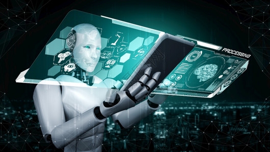 统计数据使用平板算机进行大数据分析的机器人类体利用AI思考大脑人工智能和机器学习过程来进行第四次工业革命的第4次3D号工业革命将图片