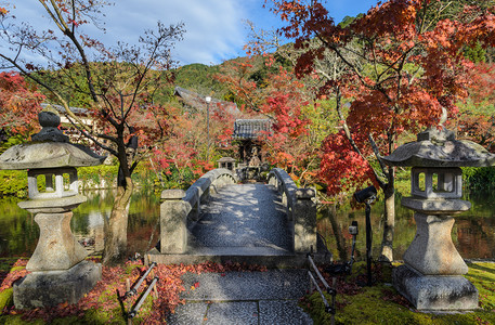 日本京都Eikando或Zenrinji寺庙的石桥和灯笼秋天景枫或者落下图片