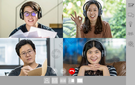 亚洲商界人士在Covid19大流行病科罗纳毒爆发在线会议社不和新的正常概念时通过视频电话会议屏幕与团队同事讨论和会晤电视话会议什图片
