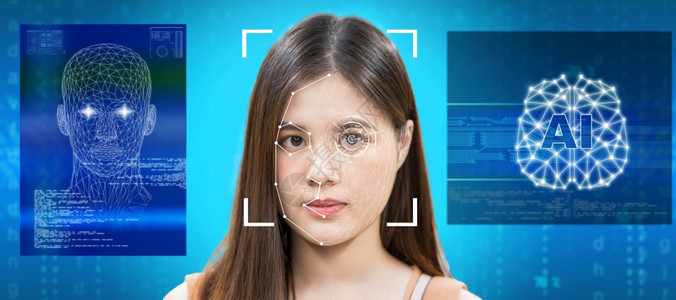 安全监控和概念亚洲妇女使用面部检测和子宫识别技术与AI和大脑平台进行脸部检测和子宫识别技术以获得进入许可面部的曼谷系统图片
