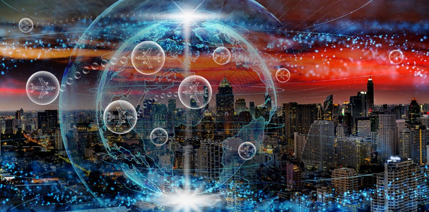 地球网络的抽象微粒在黄昏时城市风景上形成旅行泡概念气喷射到两国之间的气泡中地球微粒普通亚洲时间图片