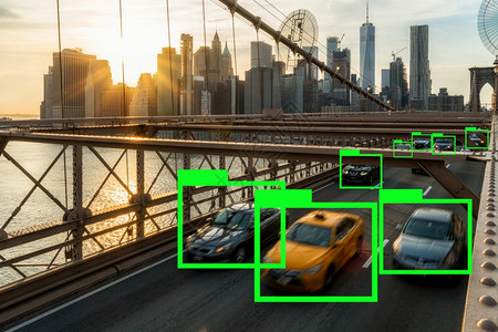 旅游灵感天际线美国纽约市风景背的布鲁克林桥每天下班后交通高峰时段提供人工智能用于深度学习技术的人工智能在交通中进行人工智能调查美图片