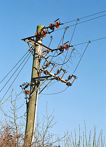 绝缘子电源2Pole2电缆分发英语电线电报绝缘体网格工业木头金属背景