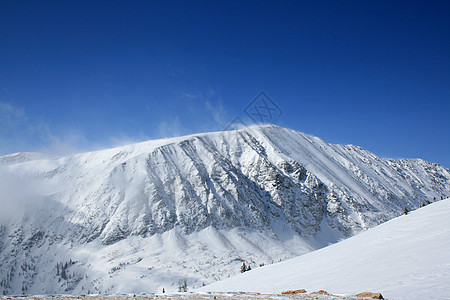 张家口滑雪雪覆盖山蓝天滑雪背包踪迹岩石登山单板高度首脑雪崩背景