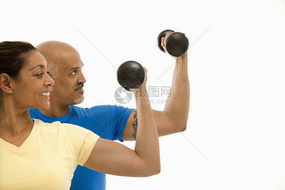 女人和男人的锻炼两个人女性运动服娱乐水平照片身体素质哑铃男子男性图片