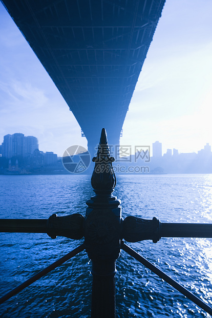 悉尼港桥下面障碍港口蓝色栅栏假期旅游建筑低角度风光城市图片