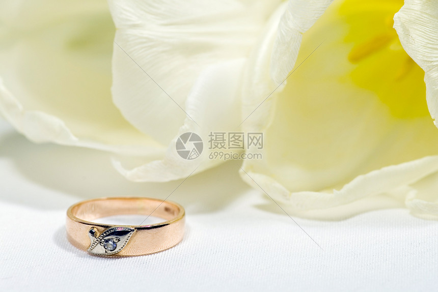 带有郁金金圆的金环花瓣订婚婚礼白色花束戒指美丽郁金香蜜月珠宝图片