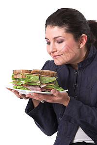 美味三明治女性午餐减肥女性化营养马尾辫重量饮食食物盘子图片