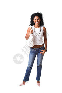 巴西美女高跟鞋项链女性化牛仔裤微笑手提包幸福女性全身多样性图片
