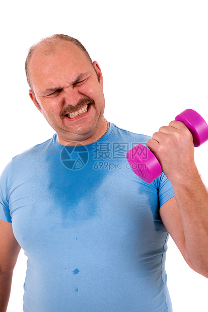 超重体力运动员肥胖啤酒肚运动胡子秃头哑铃健身房重量权重男性图片