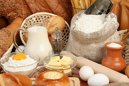 面包 面粉 牛奶 黄油 鸡蛋烘烤美食谷物食物糕点厨房麻布种子营养篮子图片
