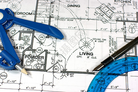 下楼规划喷泉罗盘房子测量地面打印草稿蓝色墨水图片