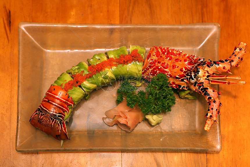 一套寿司龙虾海鲜水果香菜食物鳗鱼红色热带绿色图片