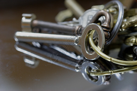 一组密钥锁定光泽钥匙圈杠杆金属安全戒指宏观榫眼图片