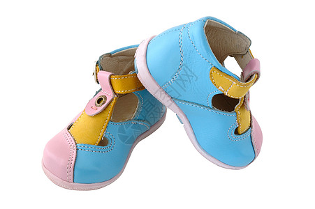 婴儿的皮靴儿童鞋类粉色齿轮孩子们蓝色接缝凉鞋黄色靴子背景图片