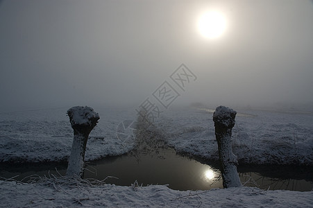 冬季风景白色地平线太阳季节薄雾运河农业场地溪流水路图片