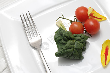 蔬菜和郁金香静物白色盘子美食银器菠菜治疗服务食物压痛图片