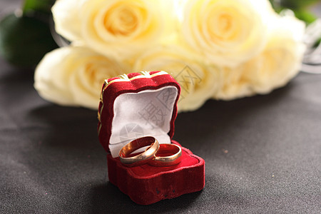 圆环和玫瑰天鹅绒盒子植物白色婚姻黑色宝藏礼物花瓣红色图片