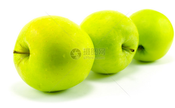 三个绿苹果白色绿色水果图片