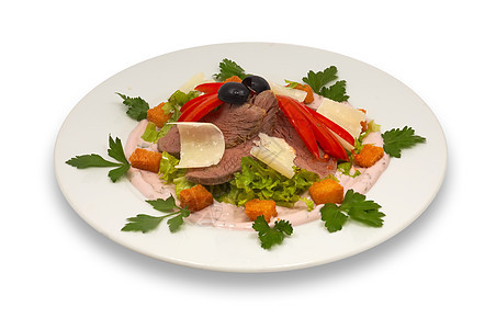 配蔬菜和面粉的牛肉沙拉饼干食物餐厅叶子草药低脂肪餐饮小酒馆烹饪沙拉图片