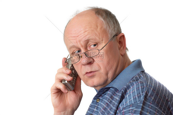 高级男子在电话上父亲退休养老金祖父母呼唤成人数字讲话白发通信图片