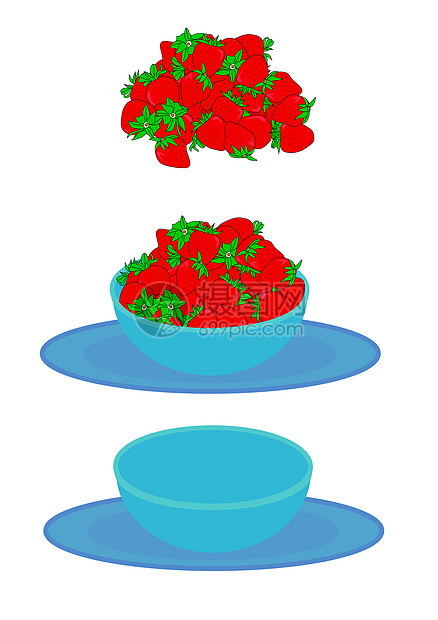 草莓碗食物蓝色白色绿色味道服务插图红色盘子绘画图片