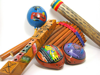 西班牙裔音乐乐器绘画排箫雨棒仪器紫色木头长笛平底锅蓝色拉丁图片