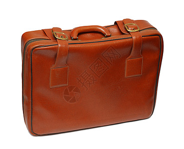 旧棕色手提箱白色盒子皮革闩锁行李角落古董案件文化铆钉背景图片